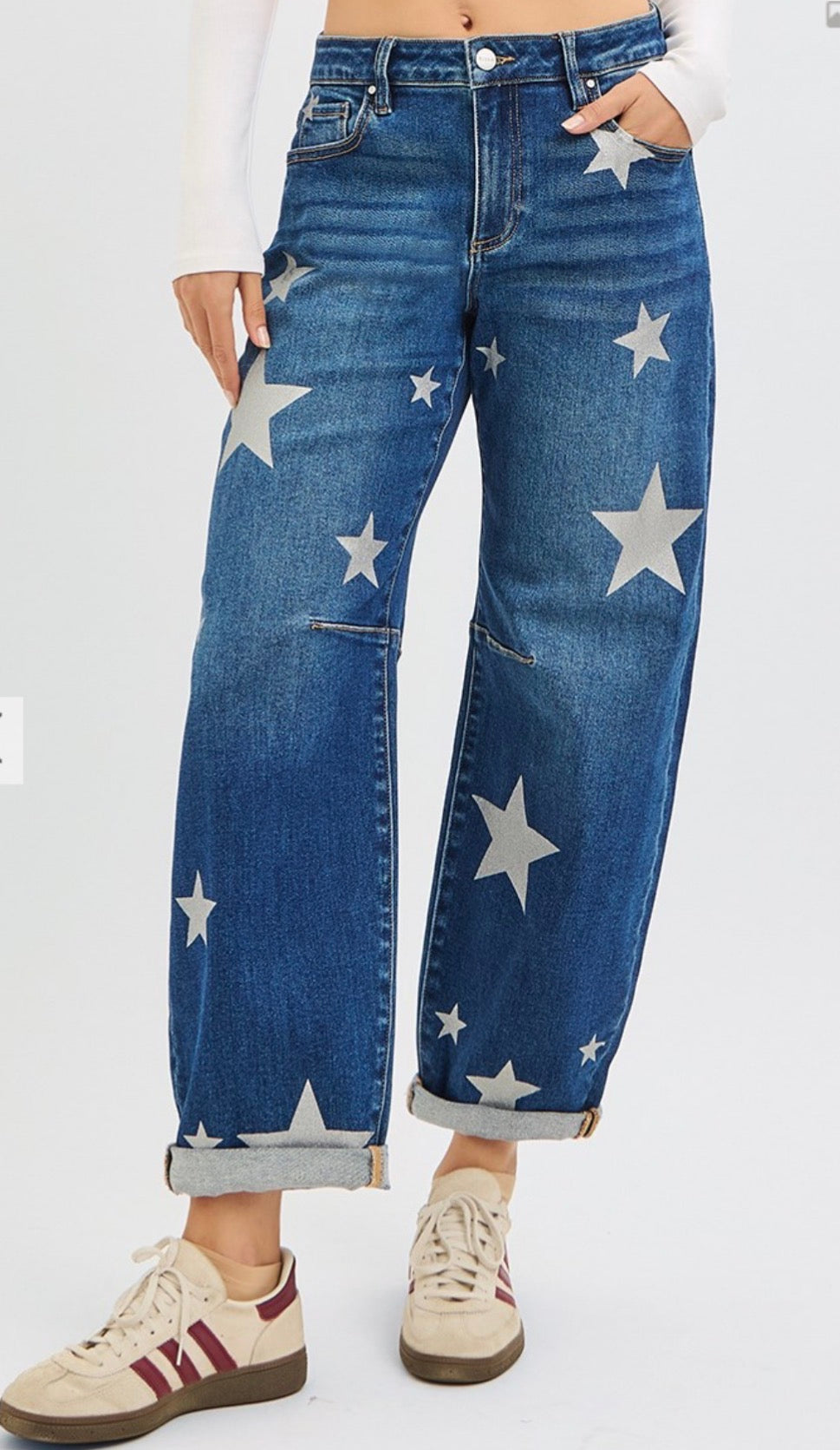 Risen Barrel Leg Star Printed Jeans-Stretchy