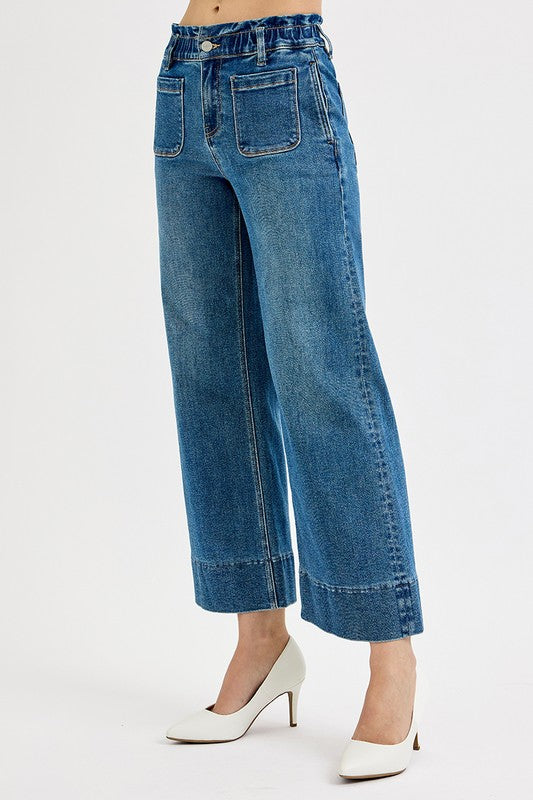 Elastic Band High Rise Crop Wide Leg Ruffle Band