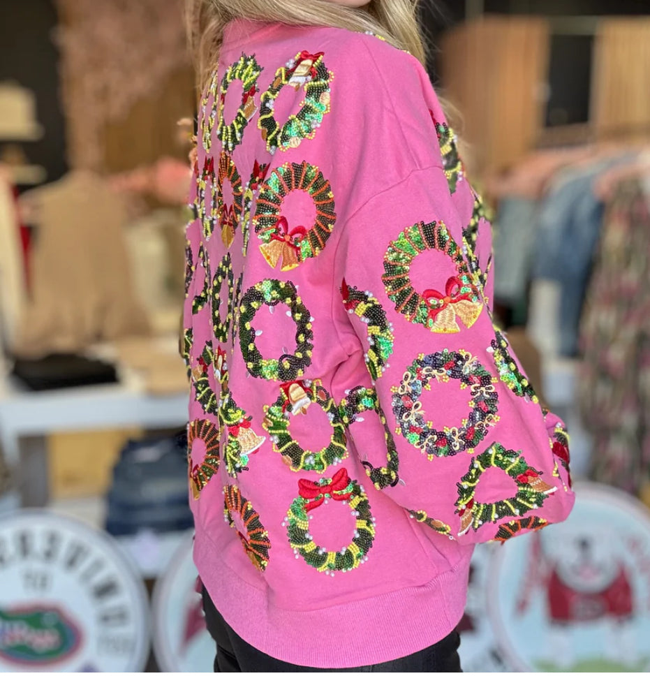 QOS Hot Pink Wreath Pullover