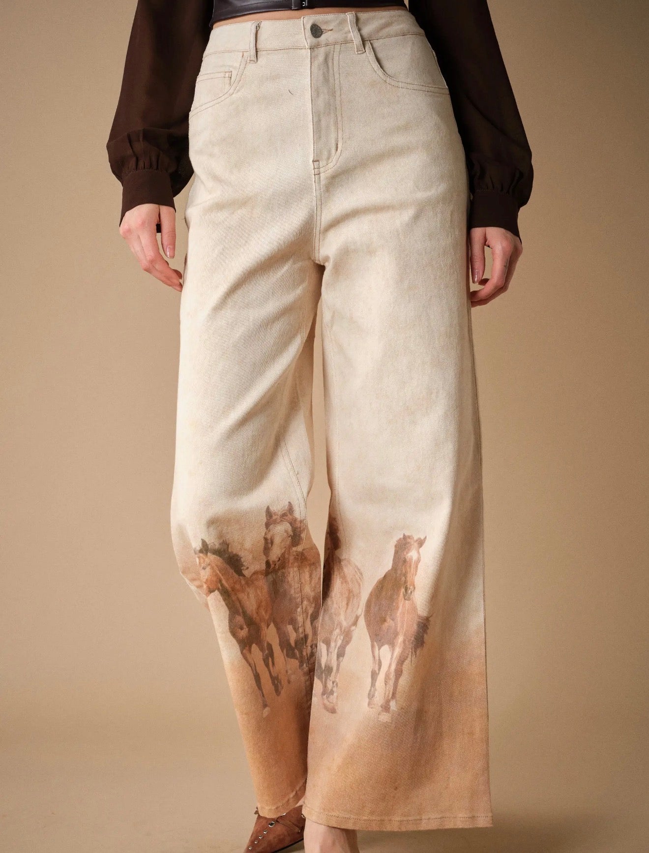 Western Horse Print Wide Leg Jeans