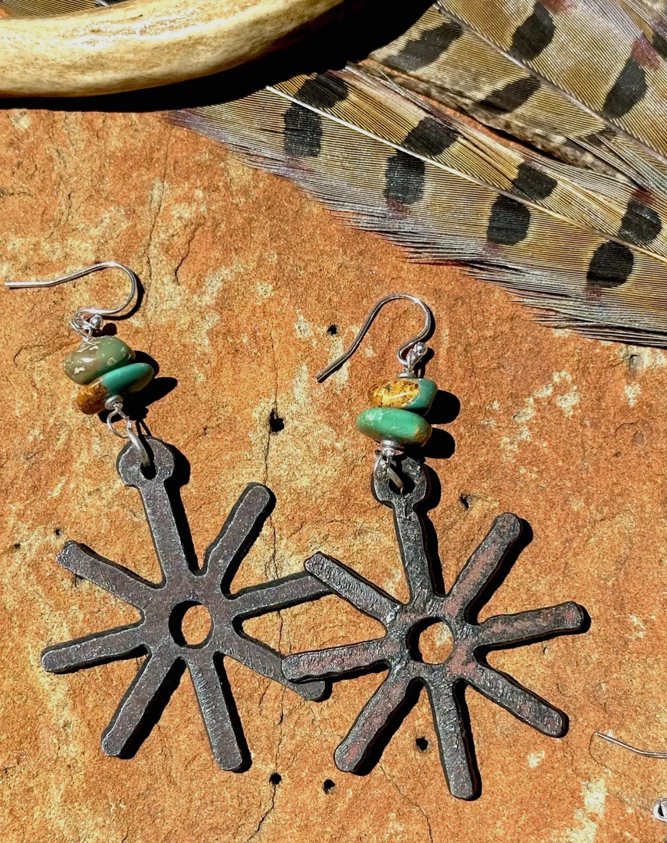 Rustic Metal Spur and Turquoise Earrings