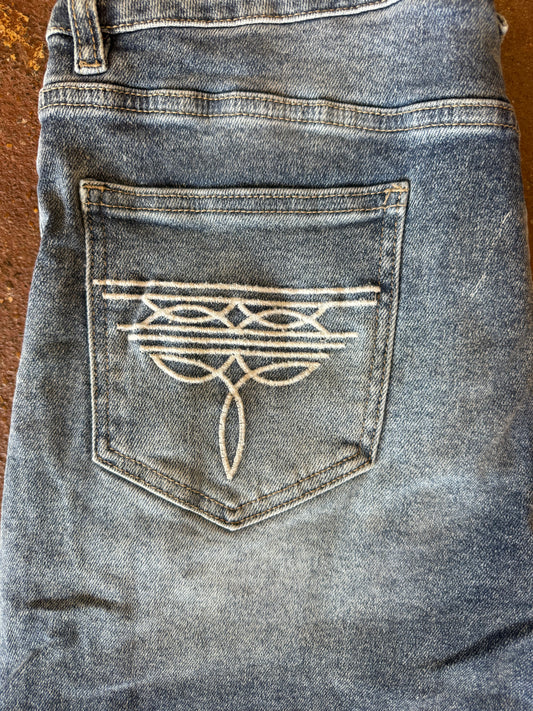 STONE WASH HIGH RISE STRETCH DENIM BOOT STITCHING BERMUDA SHORTS