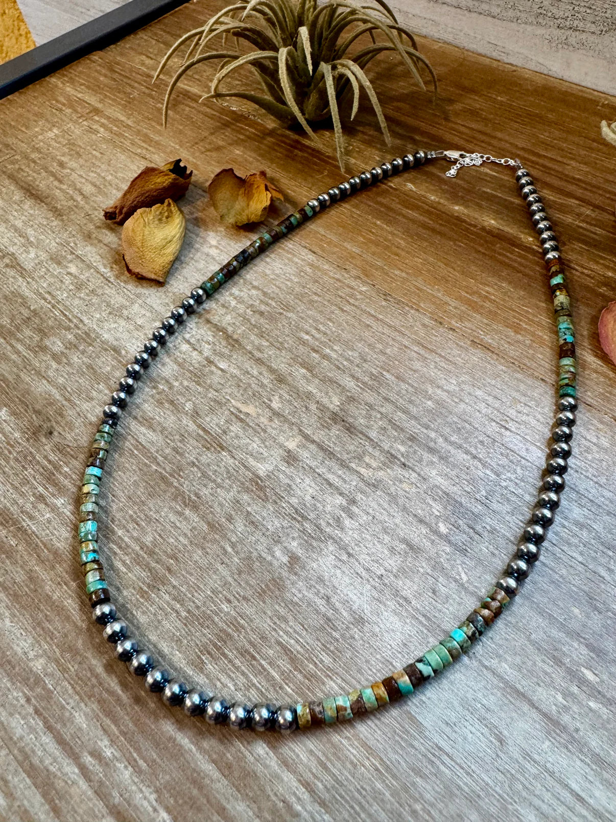 Sterling Silver Pearl & Green
Heishi Turquoise Necklace - 19"