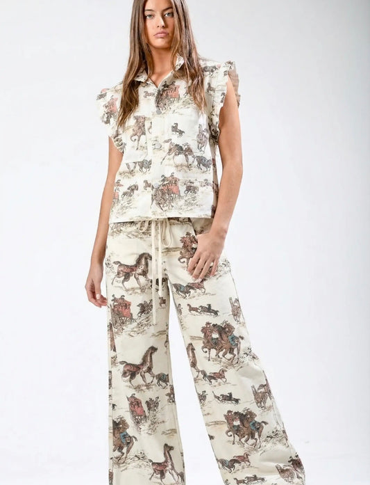 Horse Print Drawstring Wide-Leg Pants