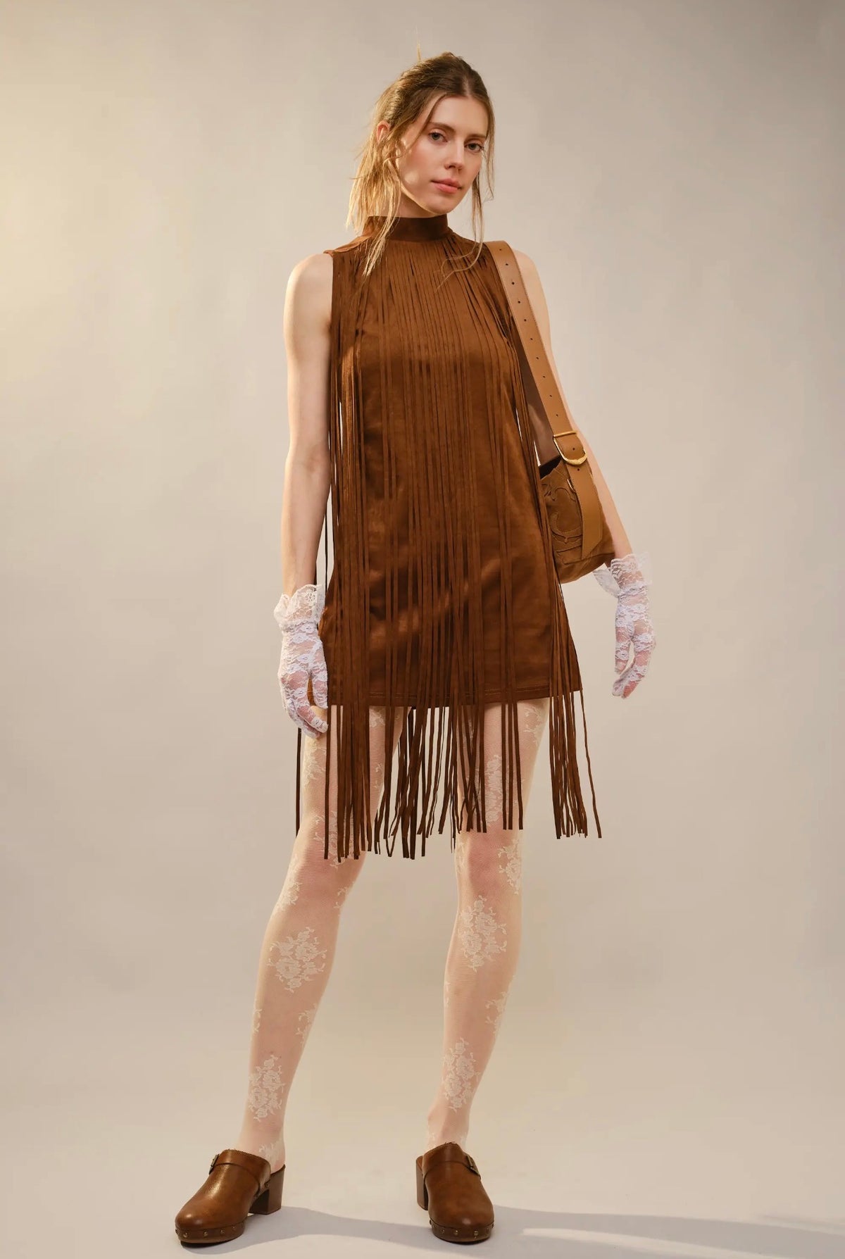Mock Neck Suede Fringe Mini Dress