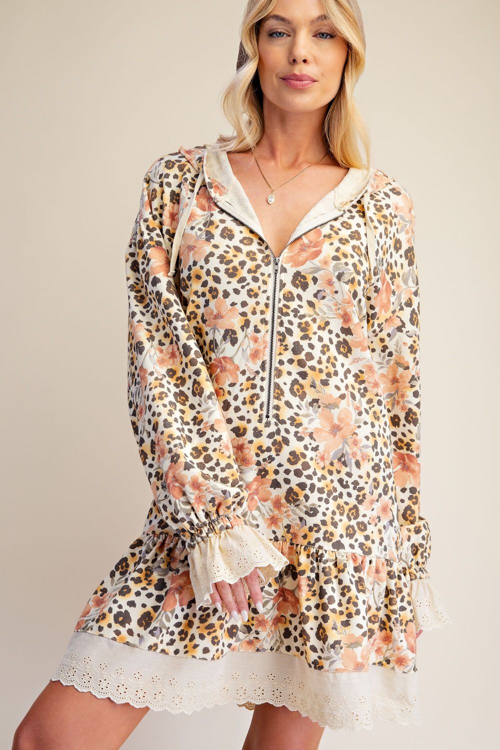 ANIMAL PRINTED RUFFLE BOTTOM ZIP UP TUNIC DRESS