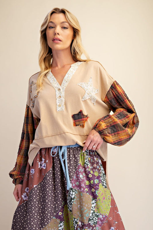 STAR PATCH WASHED COTTON KNIT TOP