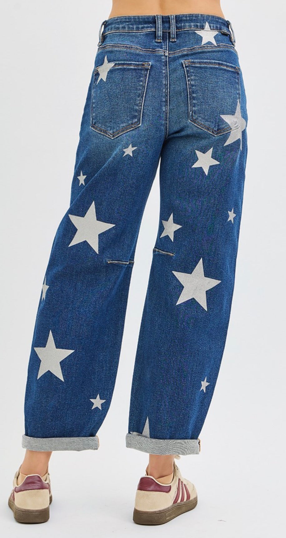 Risen Barrel Leg Star Printed Jeans-Stretchy