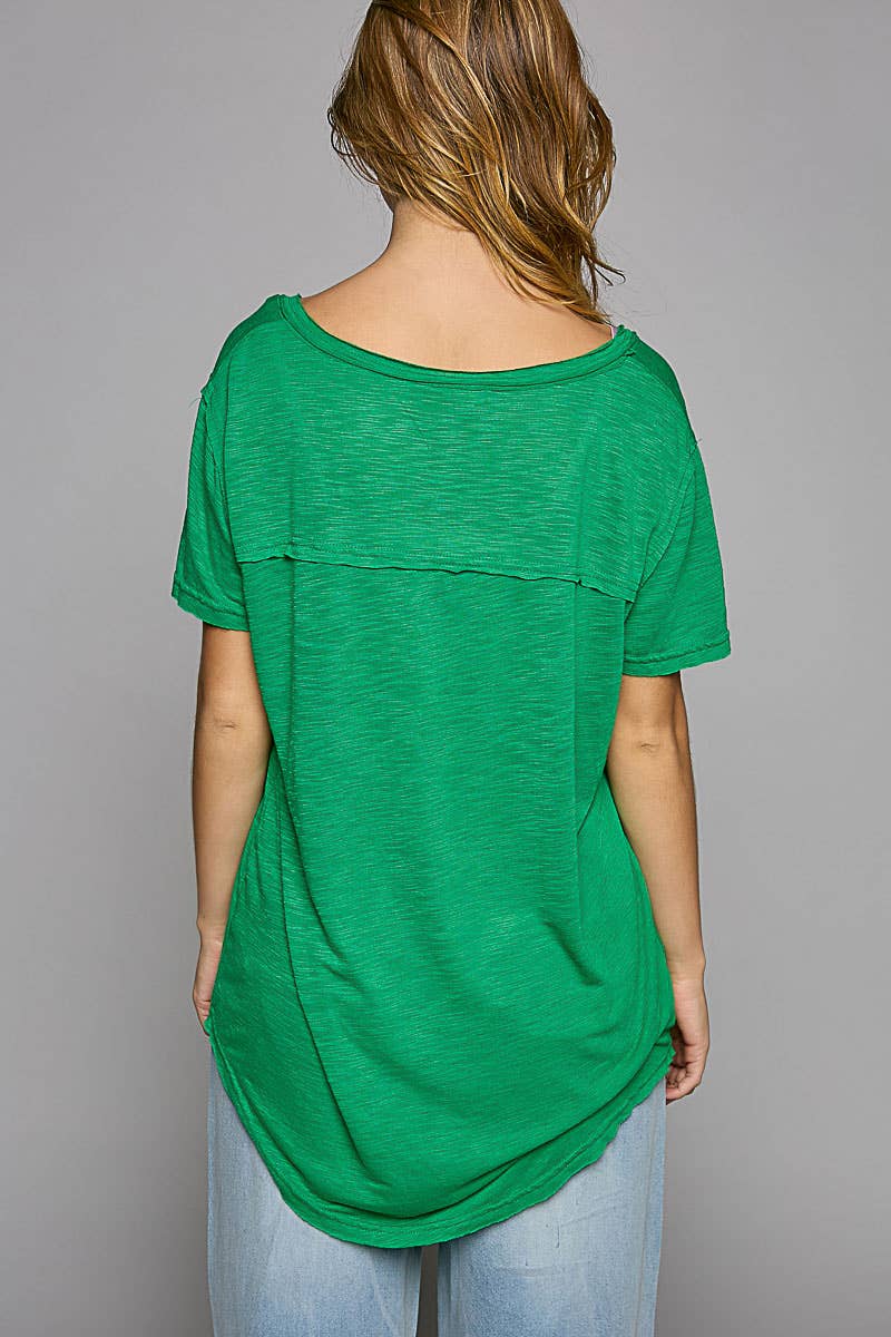 Scoop Neck Rayon Slub Tee with Pocket Front and Short Sleeve