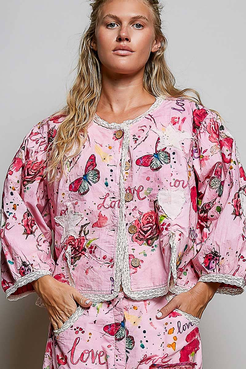Lace Trimmed Placket Printed Vintage Star Appliqués Jacket