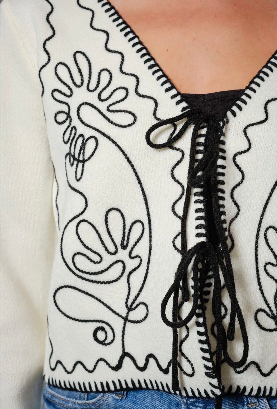 Embroidered Front Tie Long Sleeve Cardigan