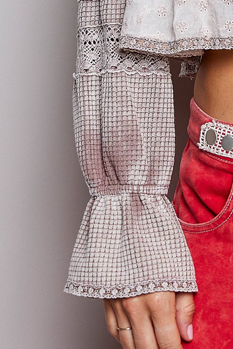 Deep V-Neck Cotton Eyelet Ruffle Balloon Sleeve Thermal Top