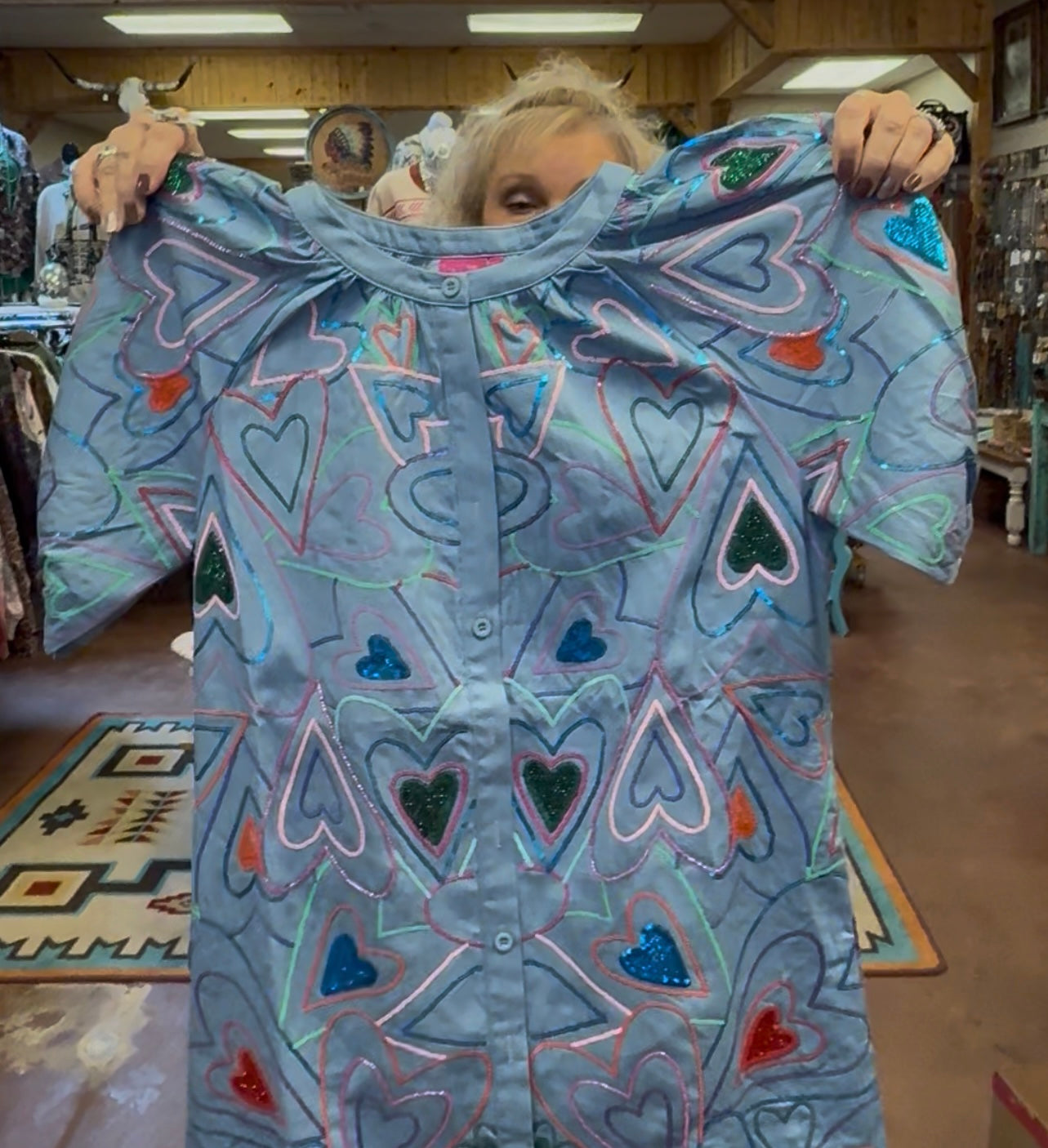 Queen Of Sparkles Light Denim Multi Groovy Heart Button Up Cotton Midi Dress