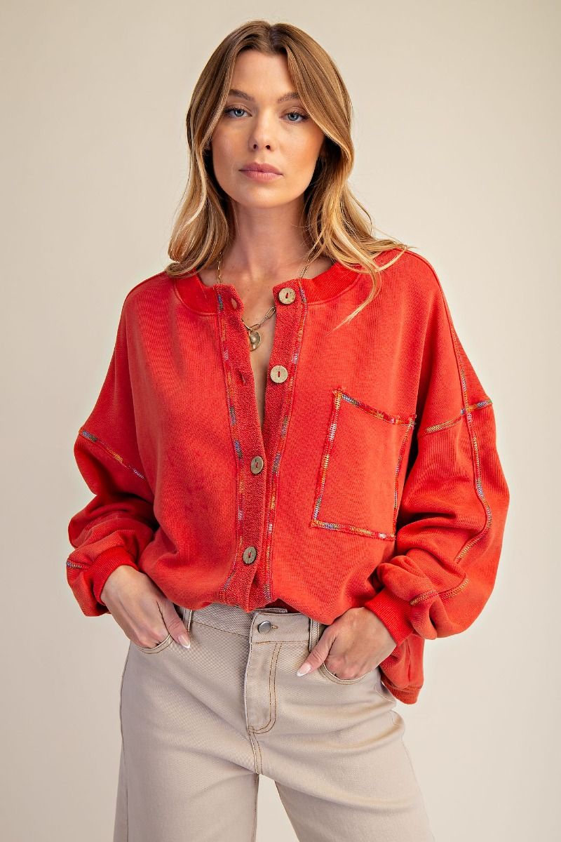 WASHED BUTTON DOWN TERRY CARDIGAN