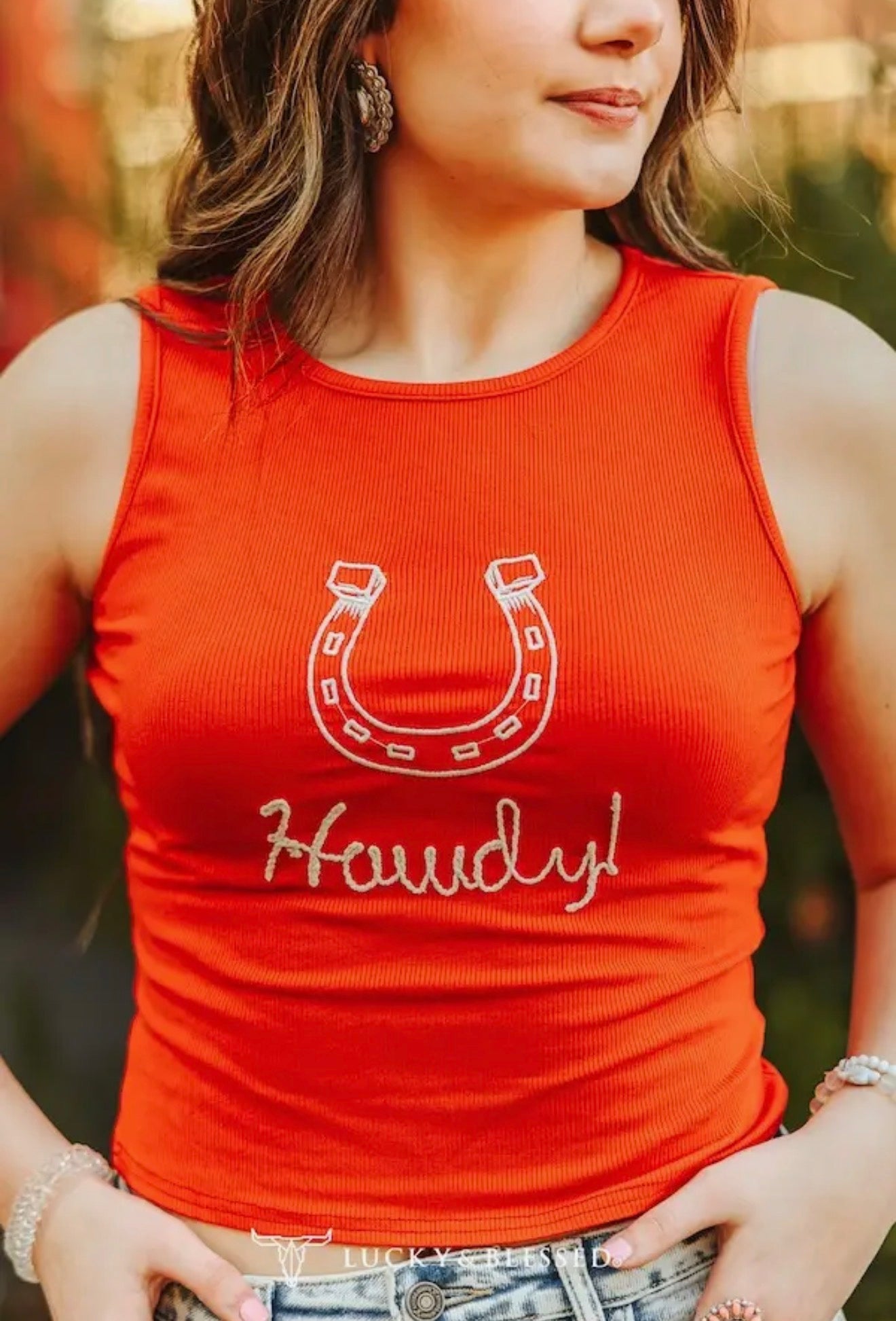 Red Horse Shoe Howdy Ribbed Embroidered Tank Western Top