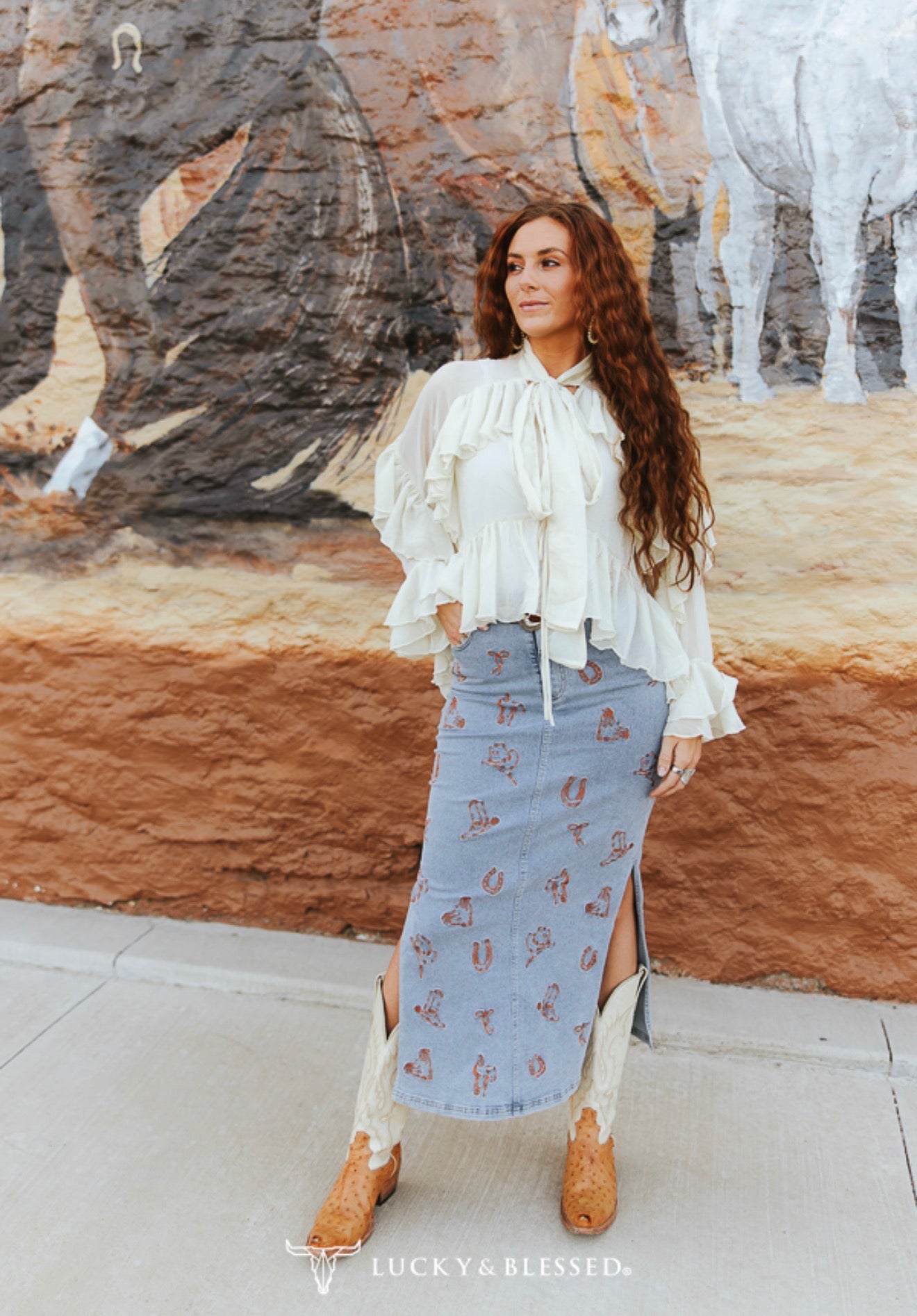 SHEER RUFFLE TIE NECK WESTERN BLOUSE