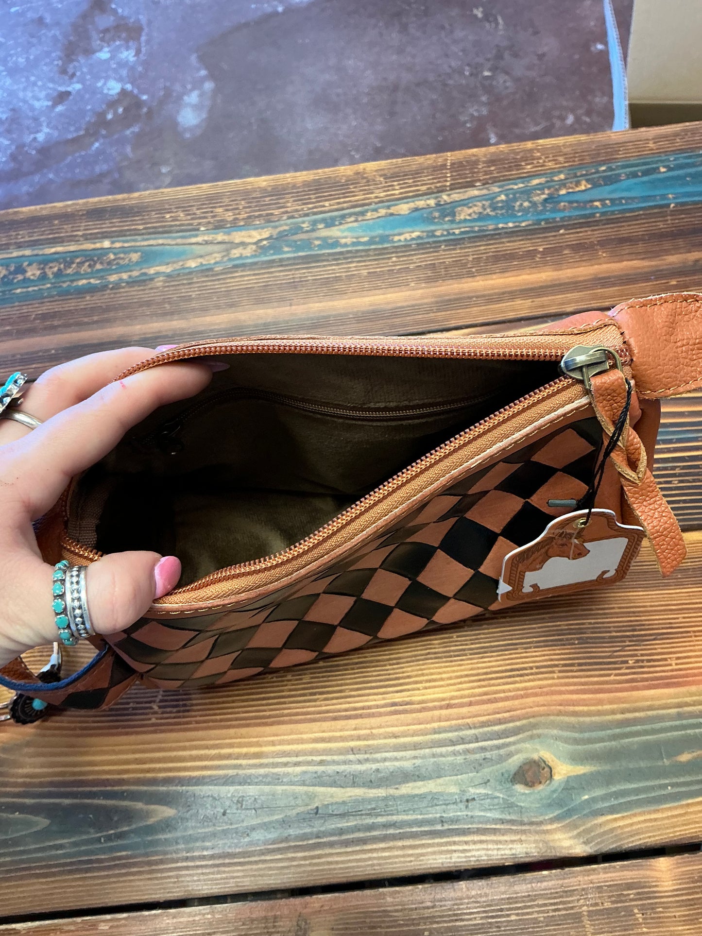 Checkered Leather Makeup Bag