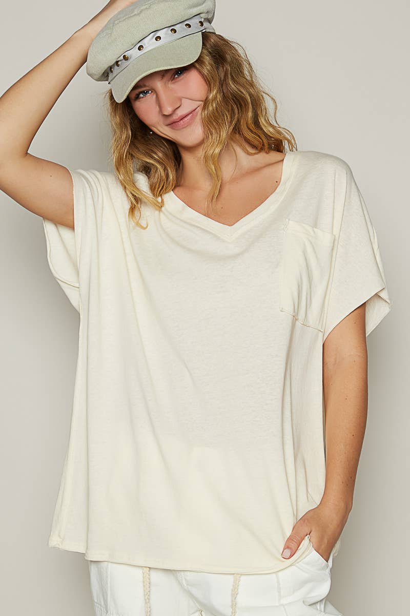 Oversized v-neck front pocket short sleeve solid top SALE