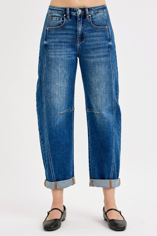 High Rise Boyfriend Cuffed Barrel Jeans