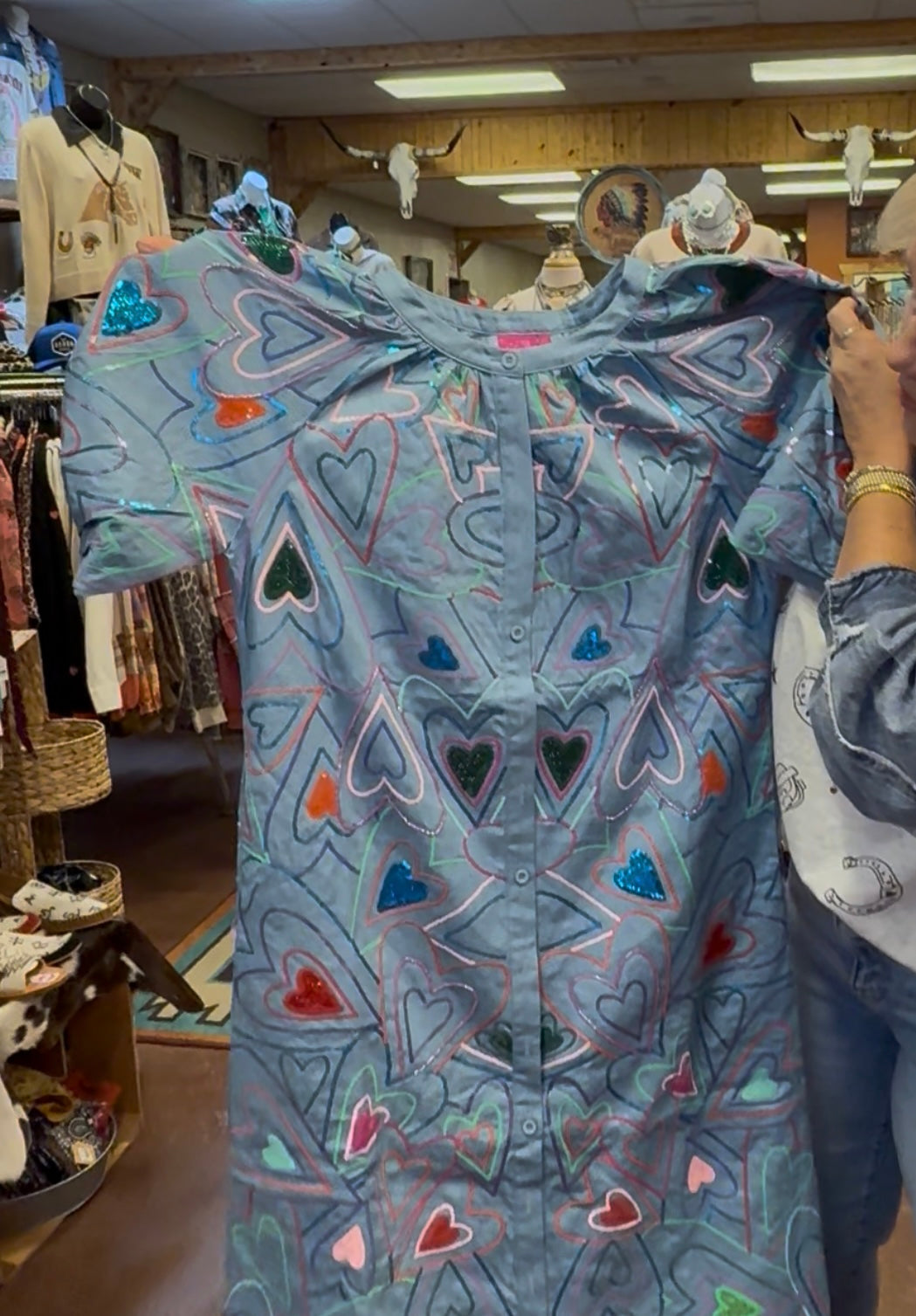Queen Of Sparkles Light Denim Multi Groovy Heart Button Up Cotton Midi Dress