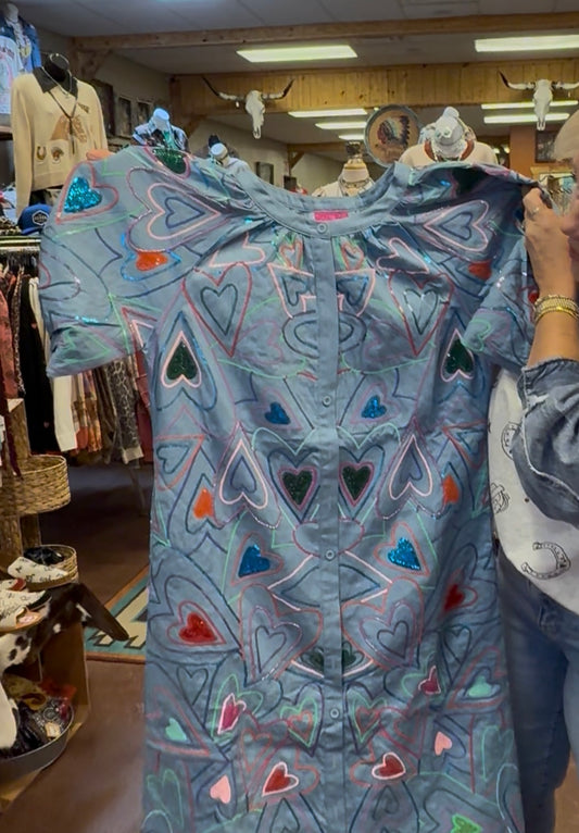 Queen Of Sparkles Light Denim Multi Groovy Heart Button Up Cotton Midi Dress