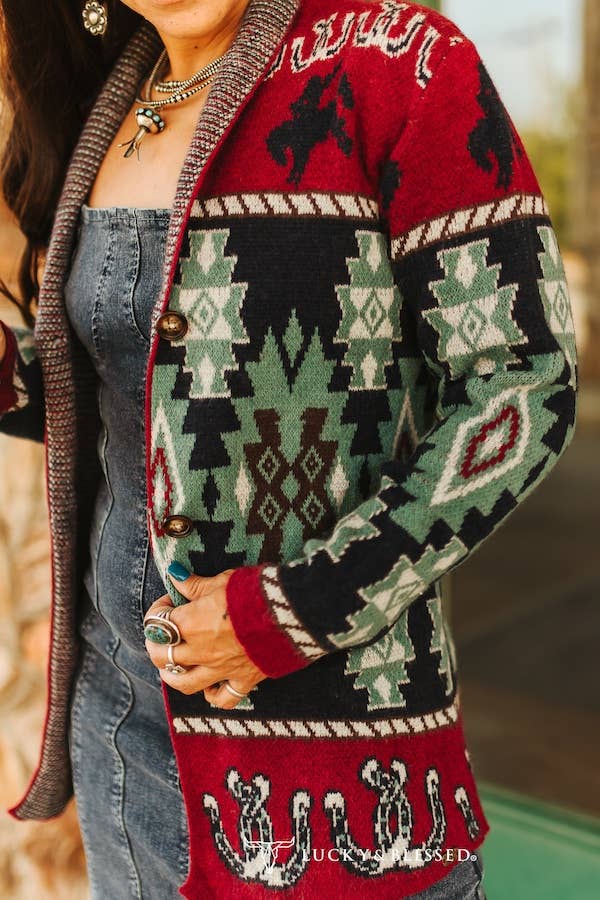 Burgundy Multi Aztec Knitted Cardgian Sweater
