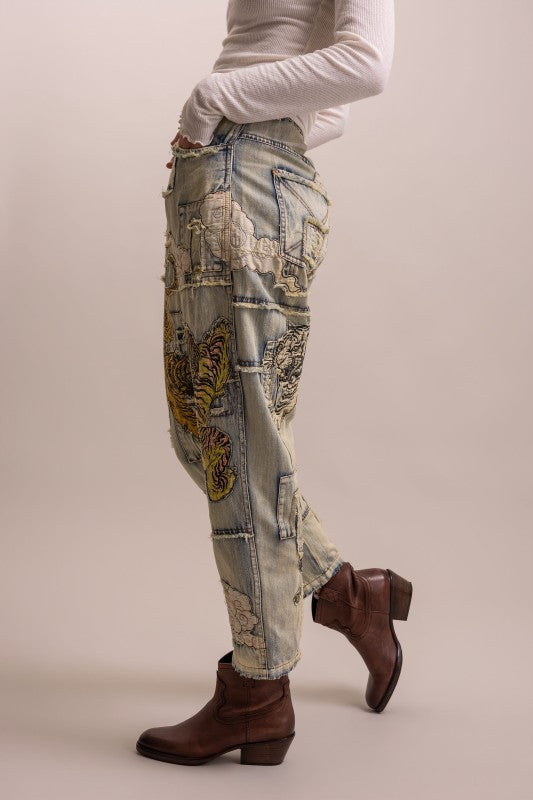 PATCHWORK TIGER DENIM PANTS