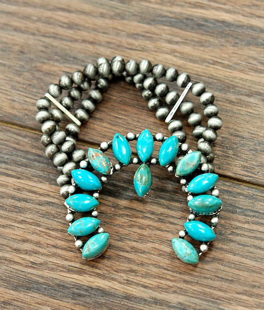 710592, Handmade Squash Blossom Turquoise Stretch Bracelet
