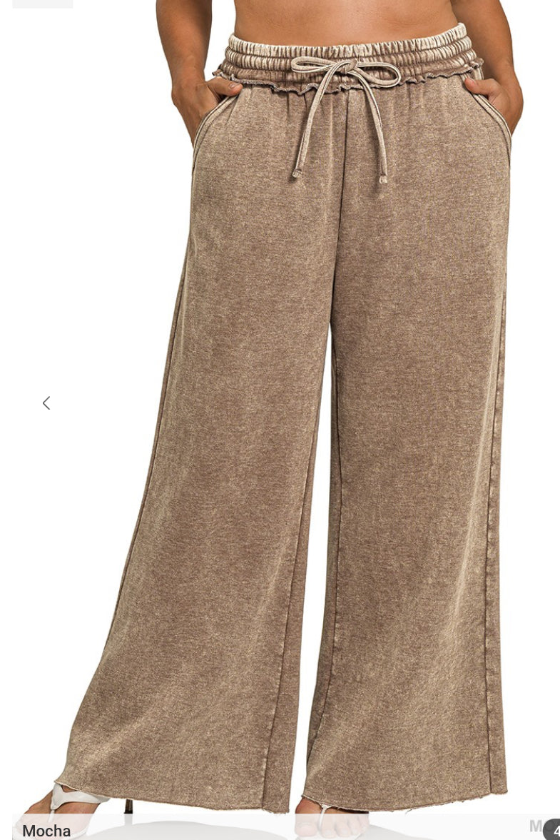 Acid Wash Fleece Palazzo Sweatpants With Pockets (Plus)
