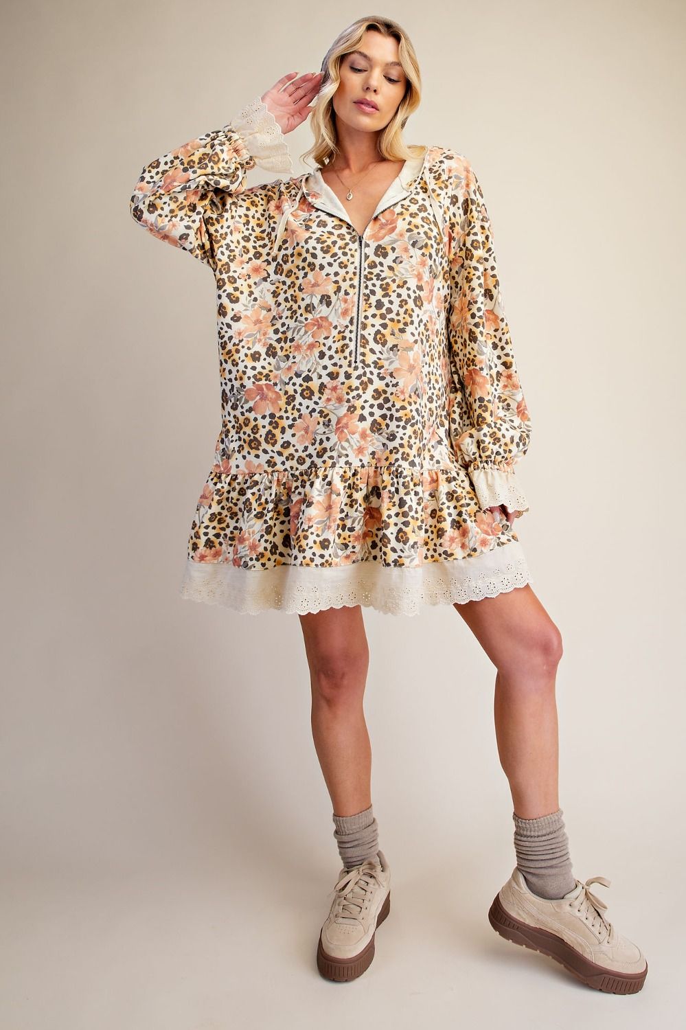 ANIMAL PRINTED RUFFLE BOTTOM ZIP UP TUNIC DRESS