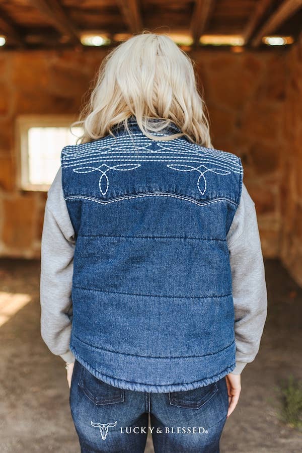 Denim Puffer Studded Button Down Vest