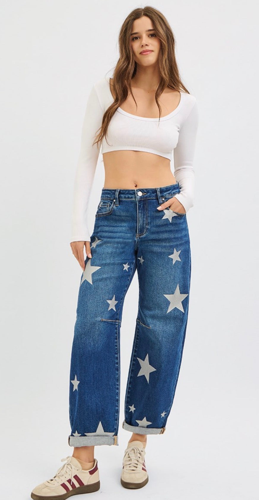 Risen Barrel Leg Star Printed Jeans-Stretchy