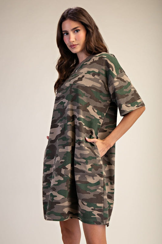 CAMOUFLAGE PRINT WASHED TSHIRT DRESS