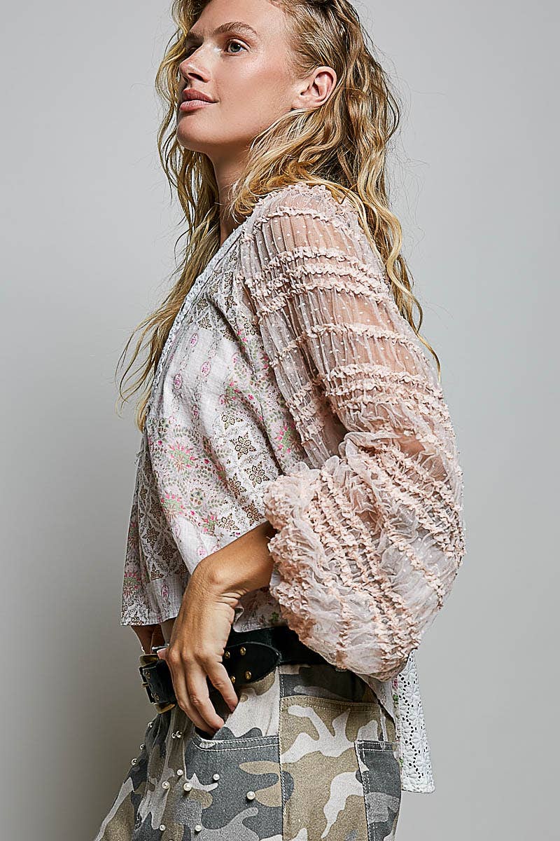 Long Sleeve V neck Lace Contrast Printed Woven Top