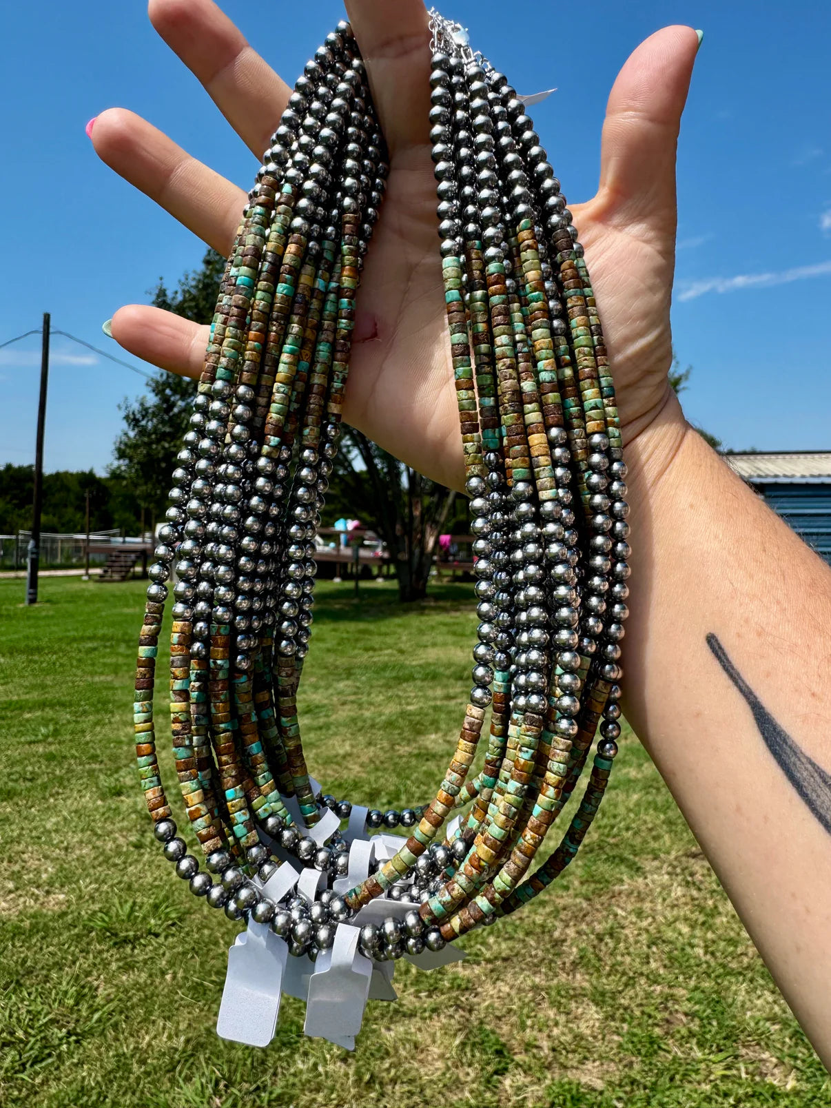 Sterling Silver Pearl & Green
Heishi Turquoise Necklace - 19"