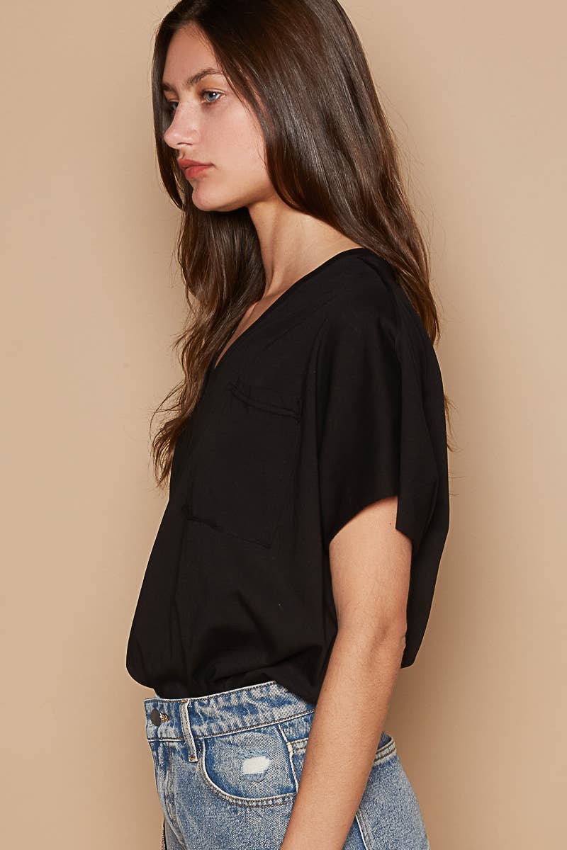 Oversized v-neck front pocket short sleeve solid top SALE