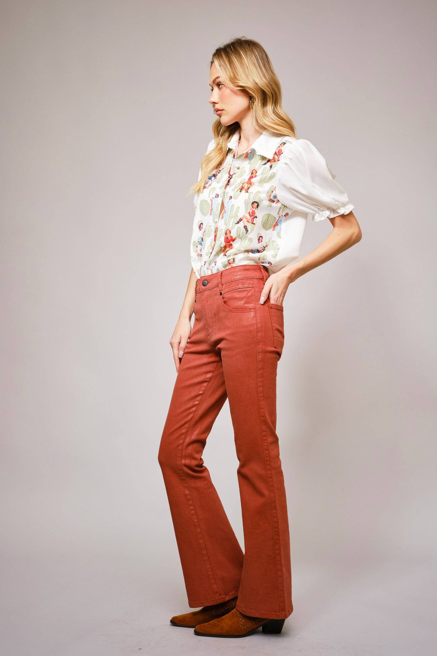 Pin Up Girl Cactus Print Lace Collar Blouse