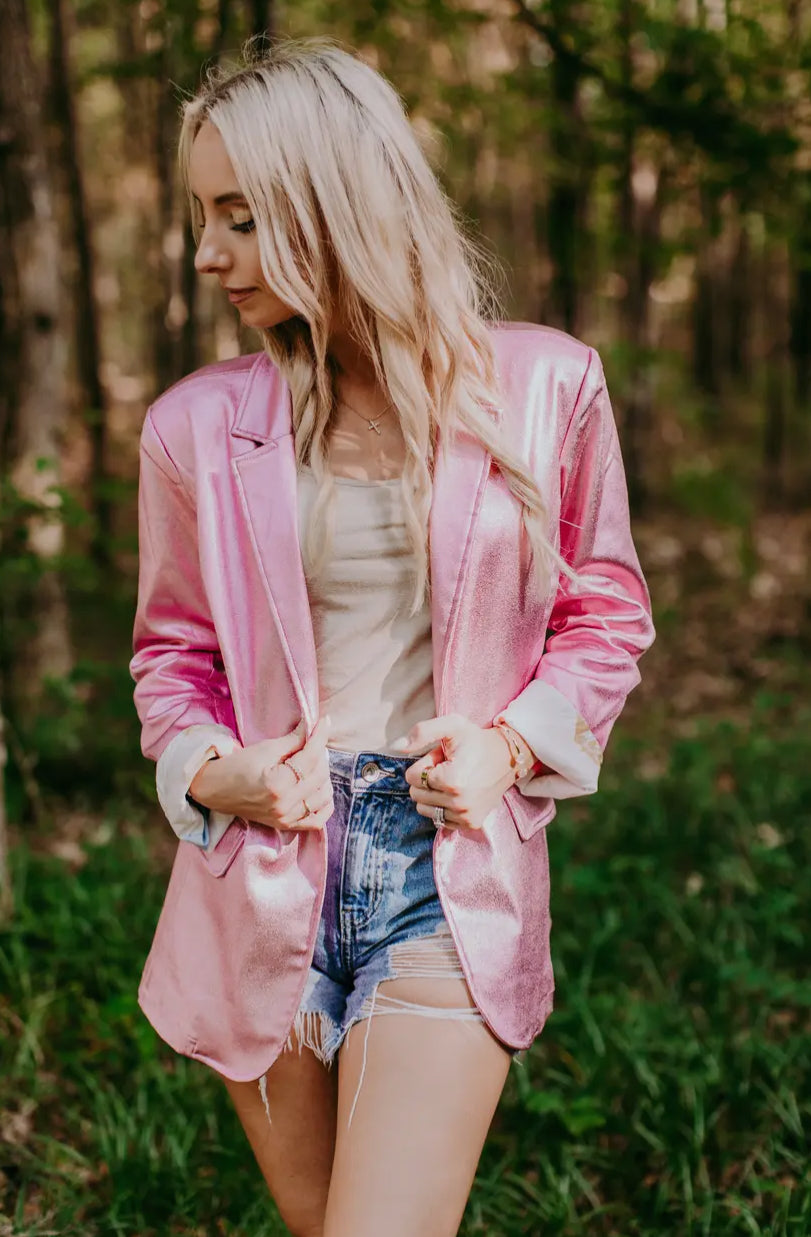 Pink Metallic Faux Leather Blazer - Main Image