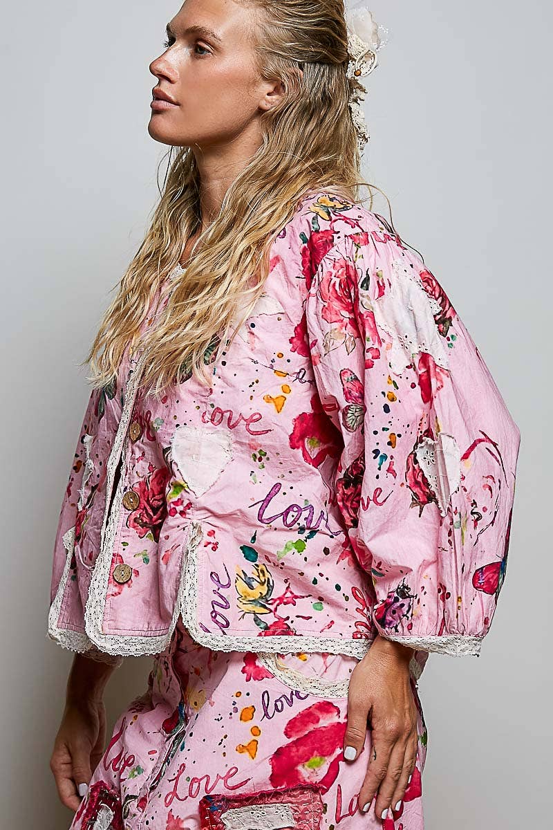 Lace Trimmed Placket Printed Vintage Star Appliqués Jacket