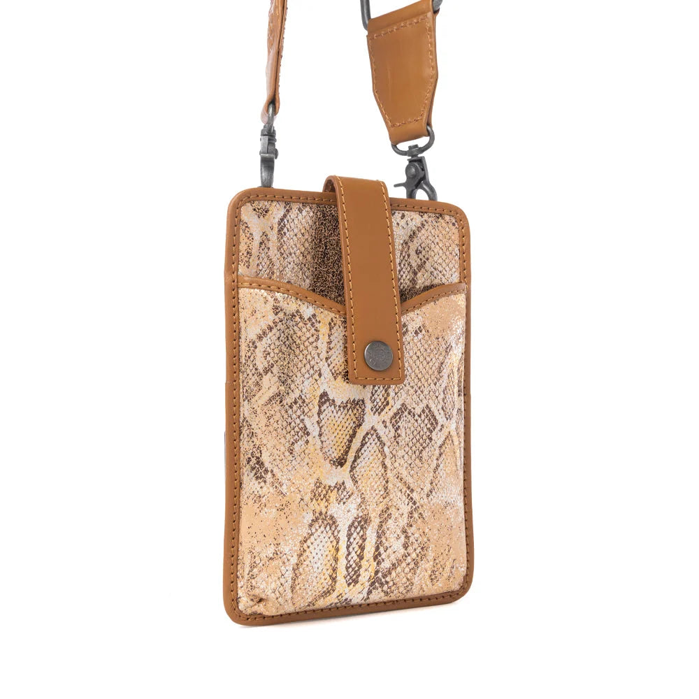 Cedar Snake Print Leather Cell Phone
Holder In Toffee Patch