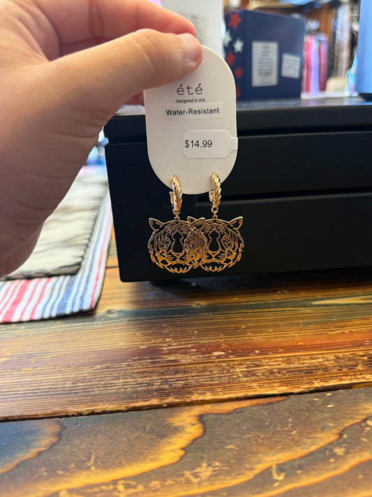 Gold Open Cut out Tiger with Twisted Huggie Hoop 2" Earring