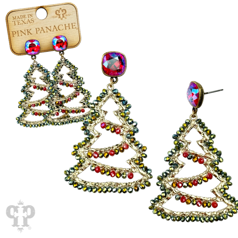 Faceted bead wrapped Christmas tree earring, Austrian crystal