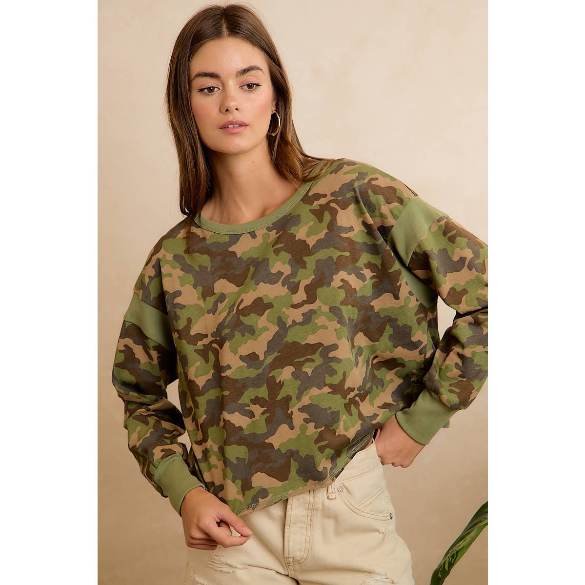 CAMO JERSEY OPEN BACK LONG SLEEVES TOP