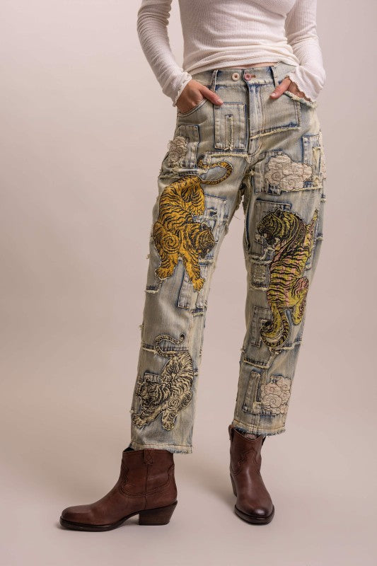 PATCHWORK TIGER DENIM PANTS