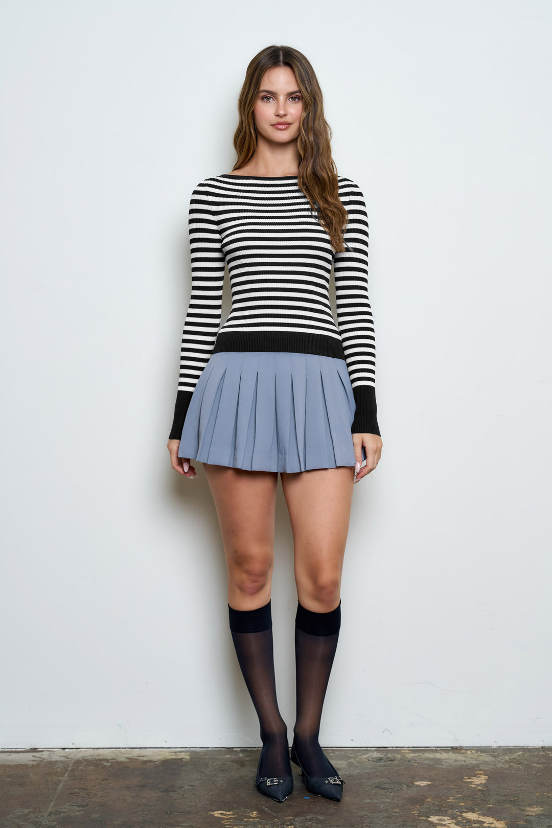 BOAT NECK STRIPE RIBBED LONG SLEEVE SWEATER TOP