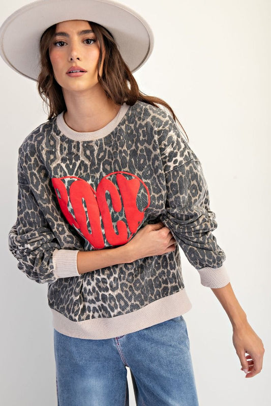 ANIMAL PRINTED ROCK HEART MINERAL WASHED TERRY KNIT PULLOVER
