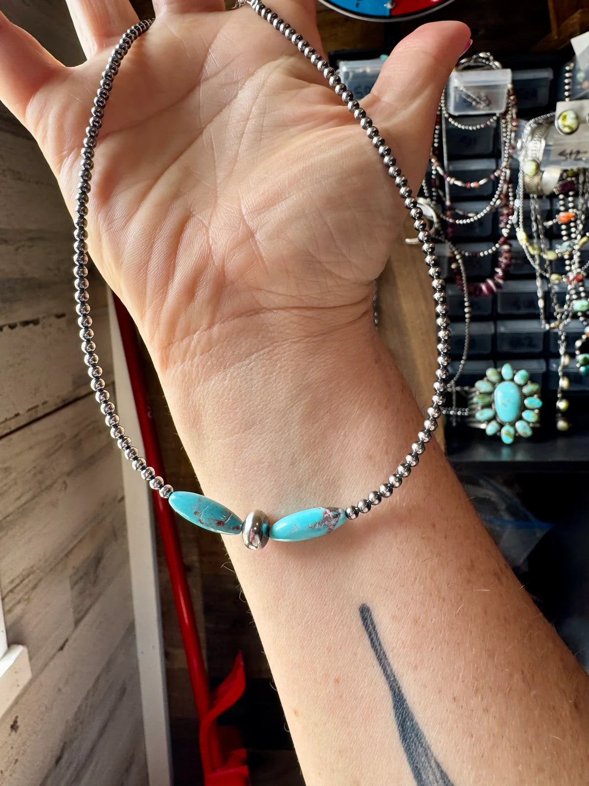 15-Inch Sterling Silver Pearl & Blue Turquoise Torpedo Choker