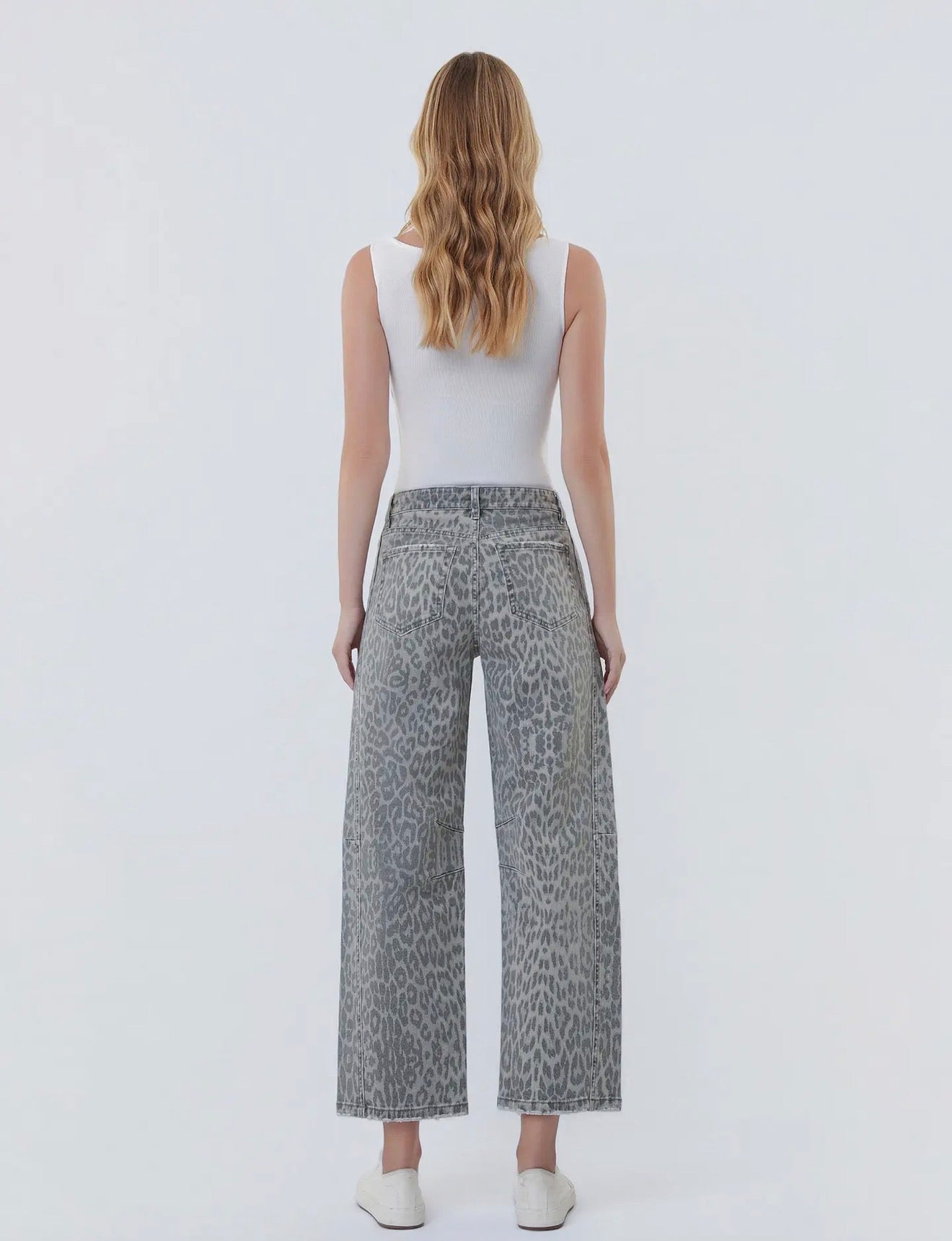 High Rise Drawstring Grey Leopard Barrel Jeans