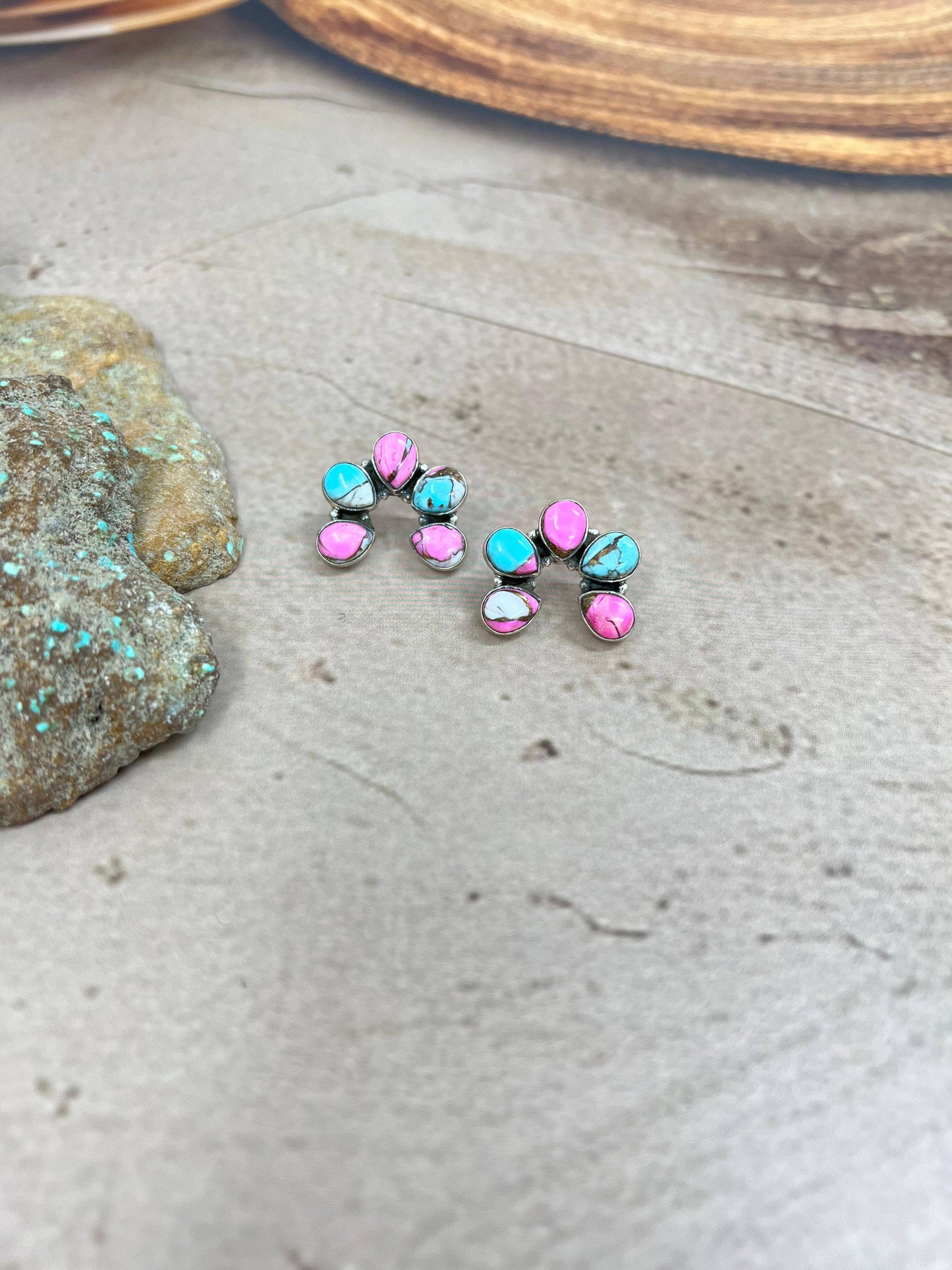 Handmade Sterling Silver Cotton Candy Turquoise Squash Blossom Post Earrings with Signed Nizhoni