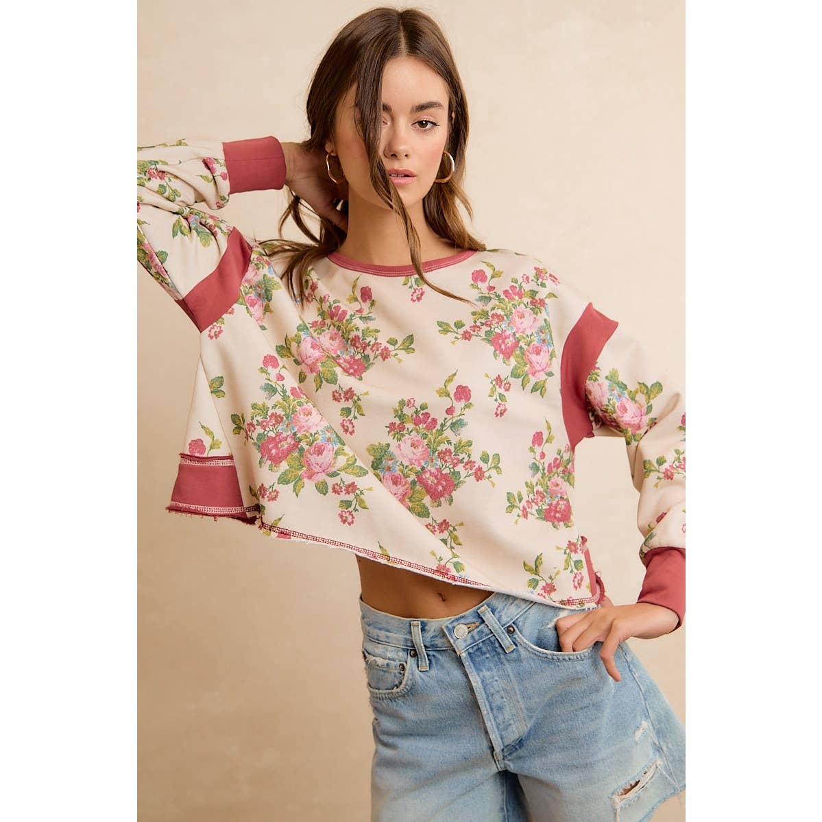 FLORAL BRUSHED TERRY OPEN BACK LONG SLEEVES TOP